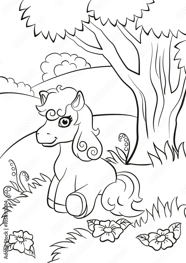 Fototapeta premium Coloring pages. Little cute pony seating on the field near the tree.