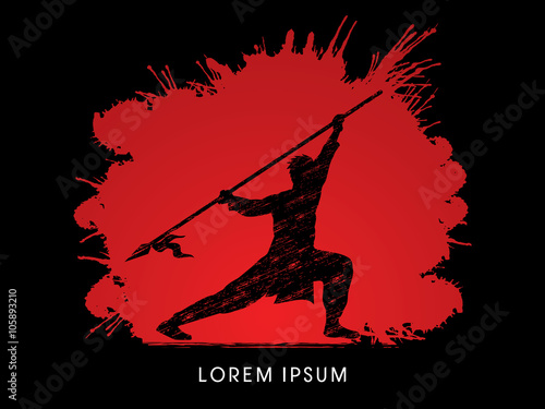 Kung Fu, Wushu with spear pose, designed on splash blood background graphic vector.
