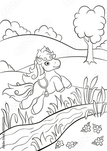 Coloring pages. Little cute pony jumping over the river on the field. She is beautiful and smiling.