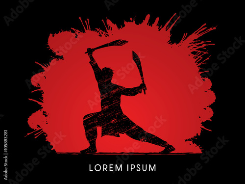 Kung Fu, Wushu with sword pose, designed on splash blood background graphic vector.
