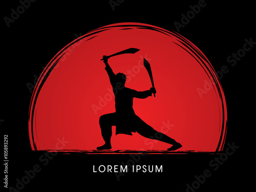 Kung Fu, Wushu with sword pose, designed on sunset background graphic vector.
