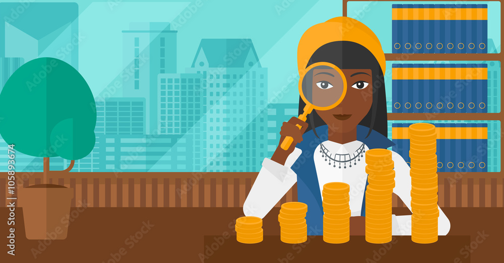 Woman with magnifier and golden coins. Woman with magnifier and golden coins.