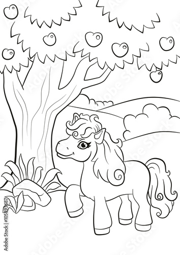 Coloring pages. Little cute pony stands under the apple tree and smiling.