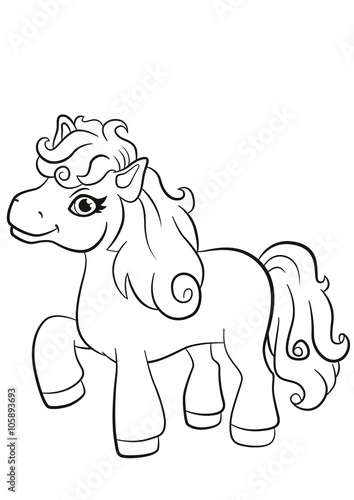 Coloring pages. Little cute pony stands and smiles.