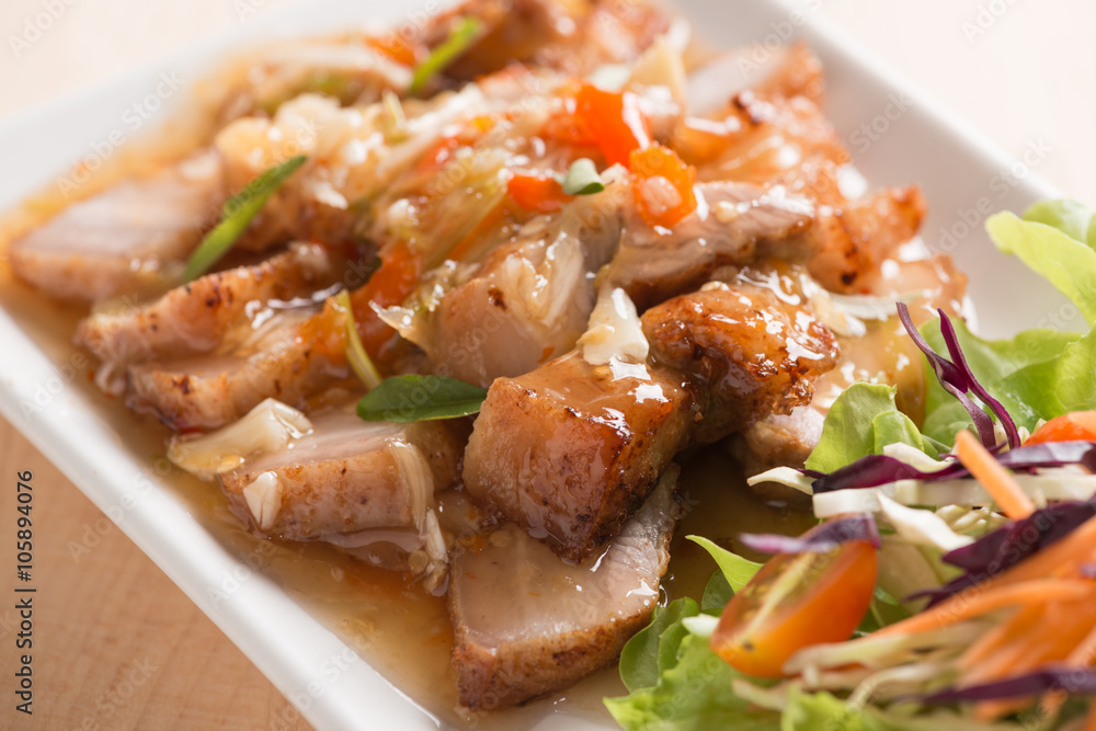 Deep fried pork Chinese Style belly with spicy sauce