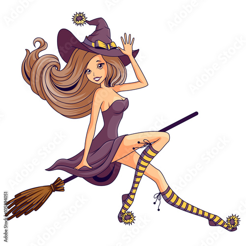 Pretty witch flying on the broom isolated
