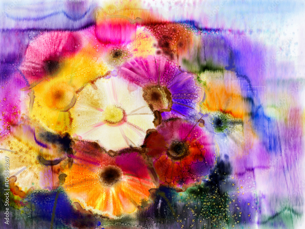 Obraz premium Abstract flowers watercolor painting. Hand paint still life of Yellow, Pink and Red color daisy- gerbera floral in soft color on white yellow, green color background. Spring flower nature background