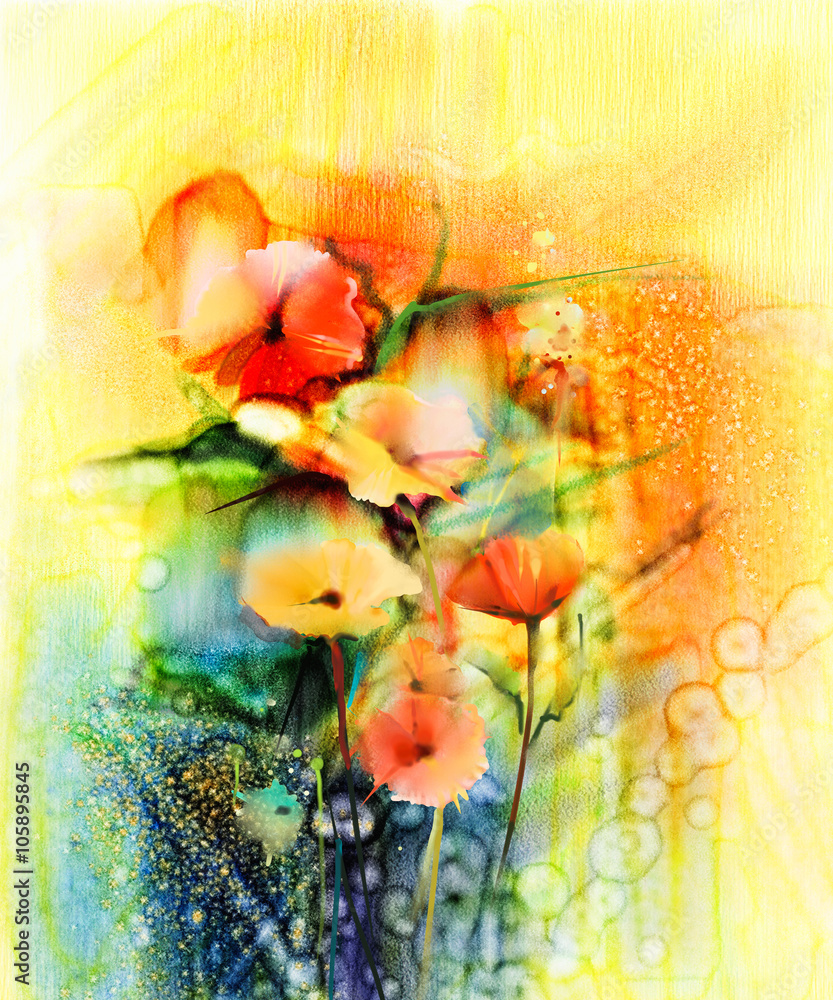 Obraz premium Abstract flowers watercolor painting. Hand paint still life of Yellow, Pink and Red color daisy- gerbera floral in soft color on white yellow, green color background. Spring flower nature background