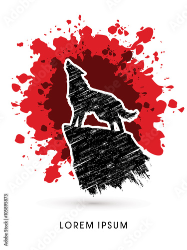 Wolf howling, designed using grunge brush on splash blood background graphic vector.