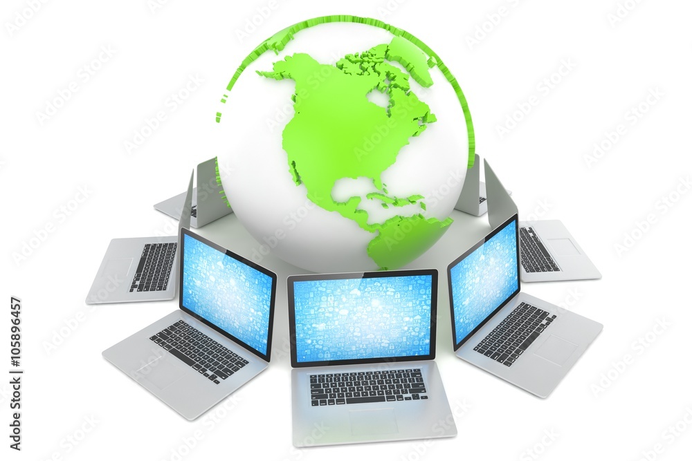Laptop network around earth globe. 3d render Laptop network around earth globe. 3d render
