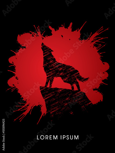 Wolf howling, designed on splash blood graphic vector.
