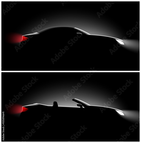 set of two pictures realistic convertible with the roof down, and roof up, side view in the dark