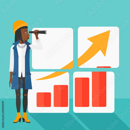 Woman looking at positive bar chart.