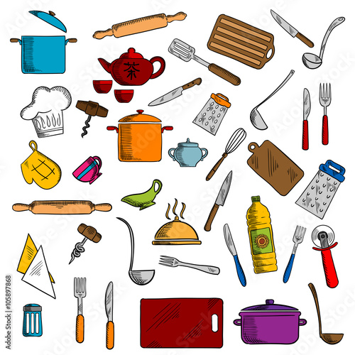 Pots and cups, tea set, knives and forks, spatula and cutting board, whisk and chef hat, graters and rolling pin, tray and corkscrew, napkin and pizza cutter, oven glove and salt shaker