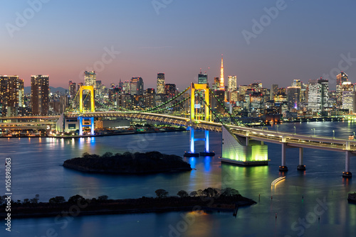 Tokyo Skyline at twilight at the Tokyo Bay, Rainbow Bridge and Tokyo Tower are visible.