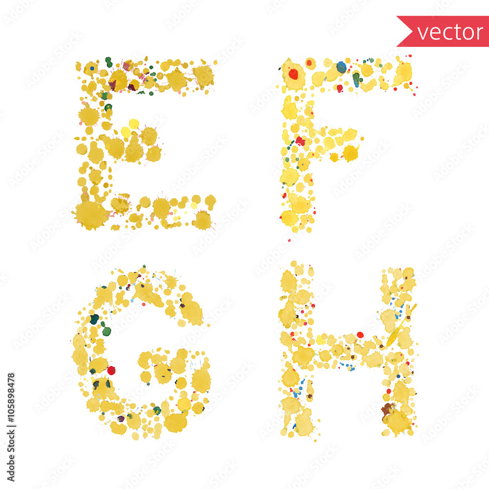 decorative letters E, F, G, H made from colorful drops and blots