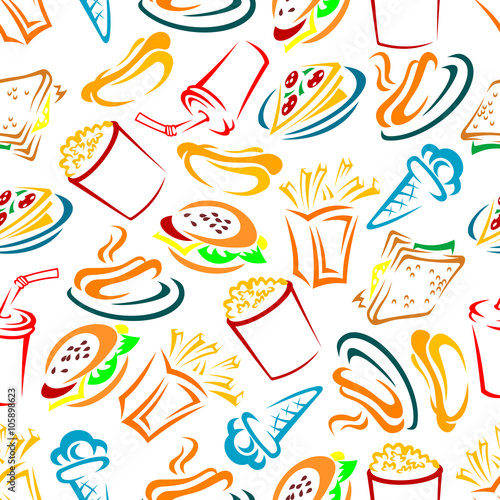 Takeaway food and drinks seamless pattern of sketched burger and cheeseburger, sandwich and hot dog, pizza slices and french fries, popcorn, soda cups and ice cream cones  