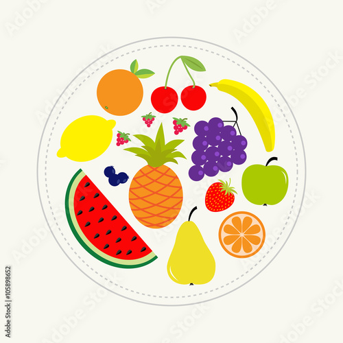 Juicy ripe fruit and berry set. Banana cherry strawberry orange pineapple grape lemon cherry  watermellon blueberry pear raspberry apple Dash line circle composition Isolated Flat design.