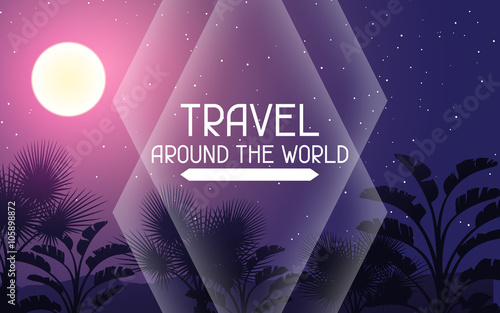 Travel around the world. Tropical background with landscape, moon and palm trees