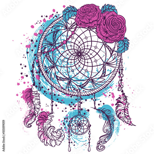 Dream catcher with ornament and roses. Tattoo art. Colorful hand drawn grunge style art. Retro banner, card, scrap booking, t-shirt, bag, print, poster.Highly detailed vintage vector illustration