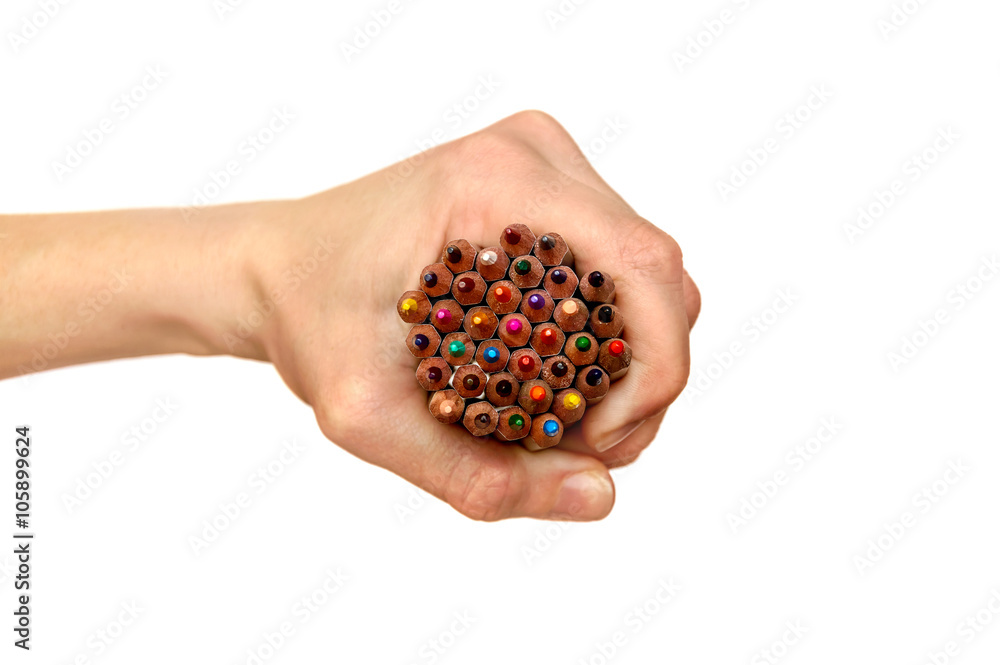 Colored pencils in a female hand isolated on white Colored pencils in a female hand isolated on white