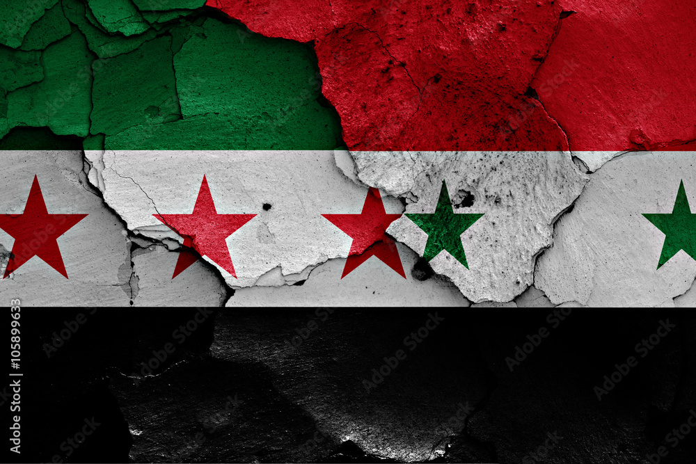 Stockfoto flags of Free Syrian Army and Syria painted on cracked wall
