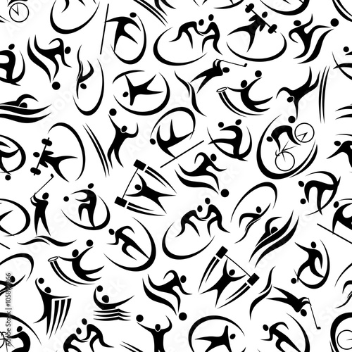 Black and white seamless pattern of football or soccer, basketball, running, golf, cycling, volleyball, wrestling, javelin throw, weightlifting, swimming and water polo sportsmen abstract silhouettes