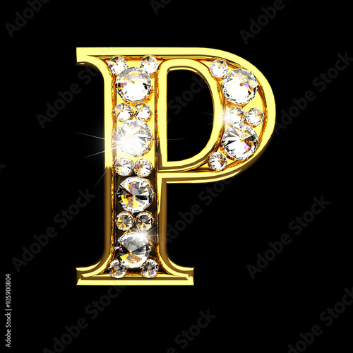 p isolated golden letters with diamonds on black