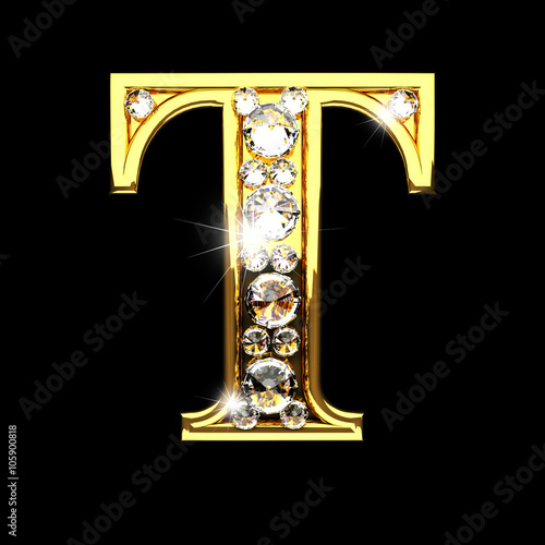t isolated golden letters with diamonds on black