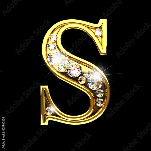 s isolated golden letters with diamonds on black