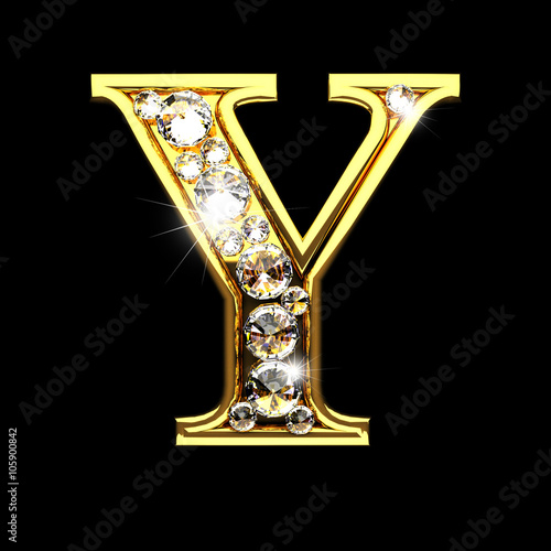 y isolated golden letters with diamonds on black photo