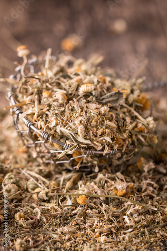 dried chamomile flowers, herbal tea raw on wooden table