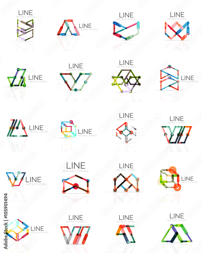 Set of linear abstract logos, connected multicolored segments lines in geometrical figures Set of linear abstract logos, connected multicolored segments lines in geometrical figures