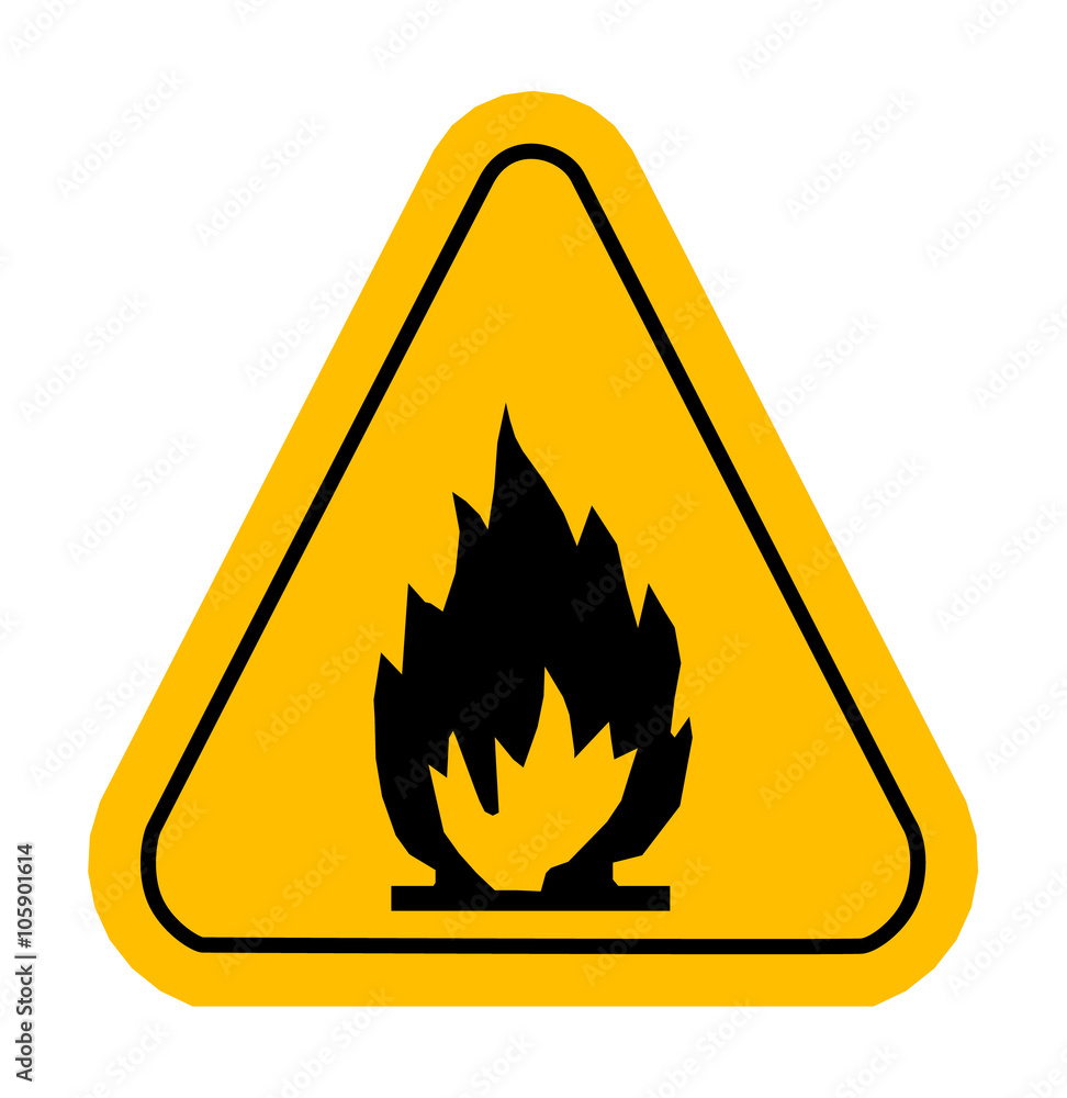 Warning icons in yellow triangle. Fire dangerous. Warning icons in yellow triangle. Fire dangerous.