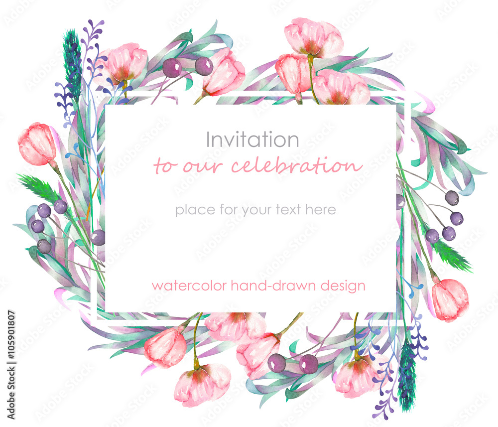 Card template with the floral design; berries, spring flowers and leaves hand-drawn in a watercolor; floral decoration for a wedding, greeting card, symbol, frame on a white background