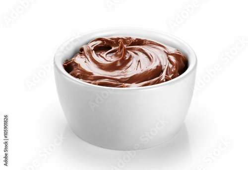 Bowl with chocolate butter isolated on white background.
