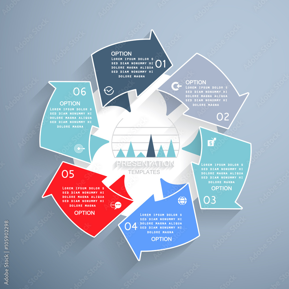 Pie chart with arrows for business presentation, 6 steps or proc Pie chart with arrows for business presentation, 6 steps or proc