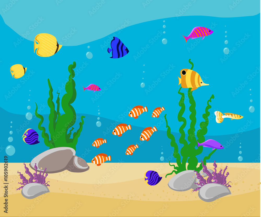 Ocean Cartoon underwater world with fish, plants, island Aquarium Fish set  Stock Vector | Adobe Stock