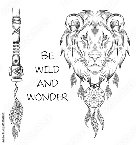 Lion indian warrior, animal hand drawn illustration, native american poster.  Hand draw vector illustration