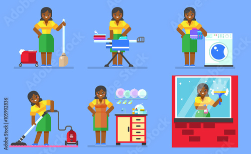 Woman washing and cleaning. Household series vector illustration.