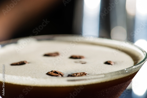 closeup of Fresh coffee cocktail with coffee beans
