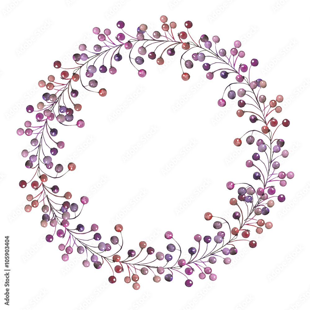 A frame, wreath, frame border for a text with the watercolor purple and violet berries on the  branches, hand-drawn on a white background, a greeting card, a decoration postcard, wedding invitation