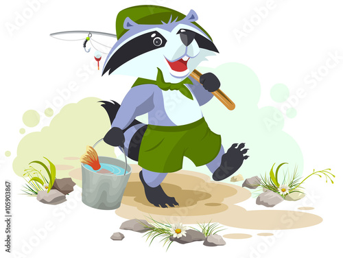 Scout goes fishing. Raccoon scout carries bucket of fish. Fisherman with fishing rod