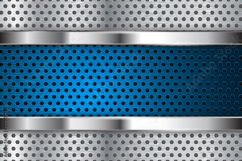 Metal perforated background with blue steel plate