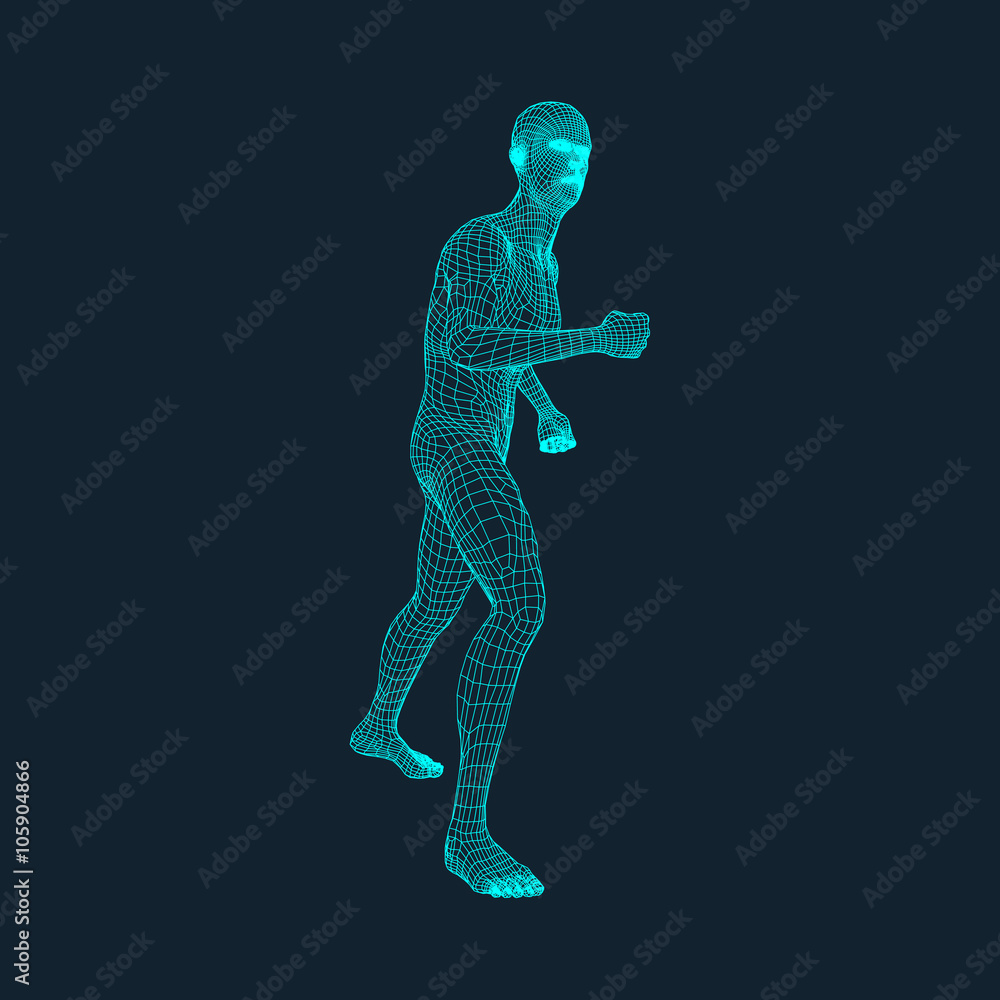 3D Model of Man. Polygonal Design. Geometric Design. Business, Science and Technology Vector Illustration. 3d Polygonal Covering Skin. Human Polygon Body. Human Body Wire Model. 