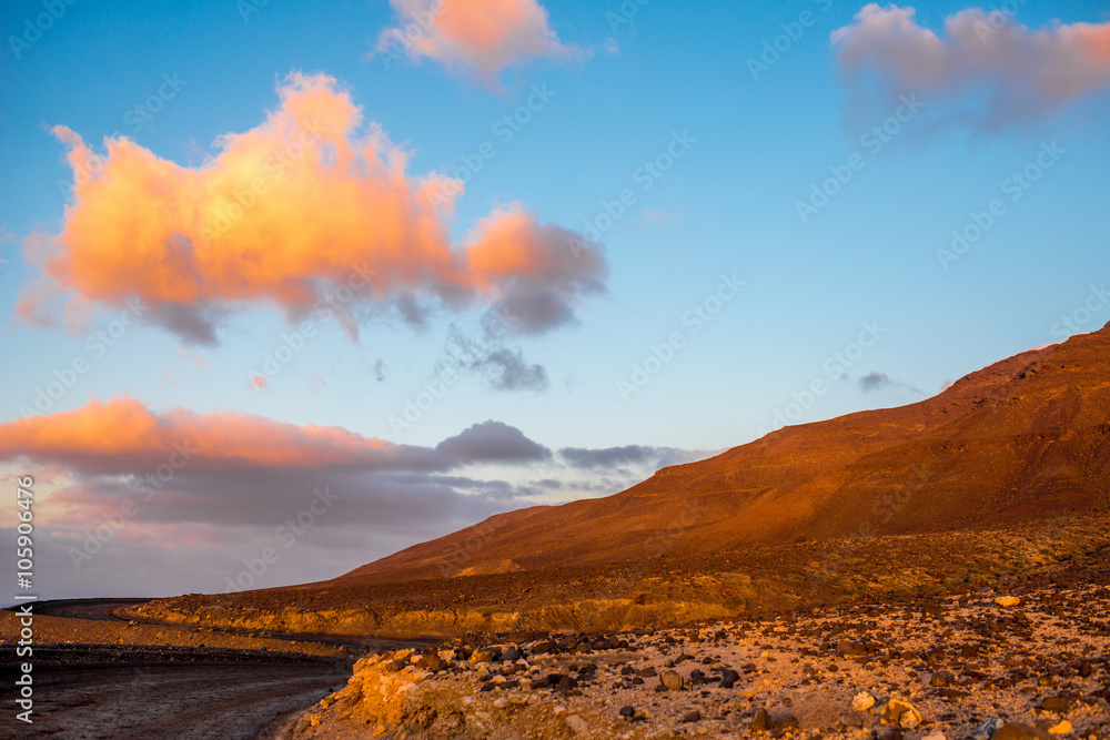 Deserted landscape with mountains in Jandia natural park on the south of Fuerteventura island in Spain