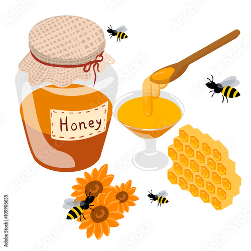 Isometric apiary set. Apiary vector illustration Honey bank vector illustrations Bee, honey, honey bank, honeycomb.