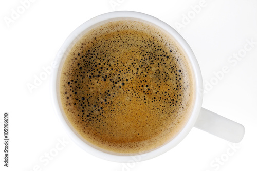 cup of black coffee top view on white background isolated