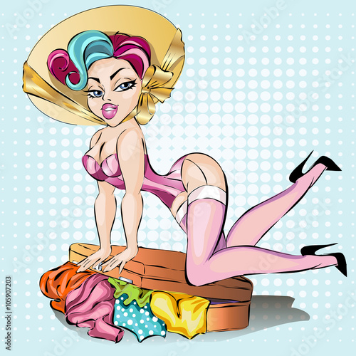 Pin-Up sexy woman in lingerie packed her travel suitcase