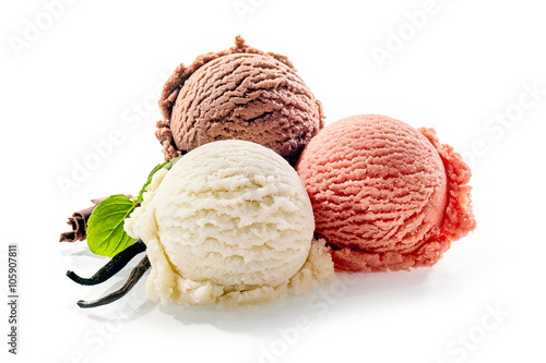 Trio of colorful ice cream with vanilla pods
